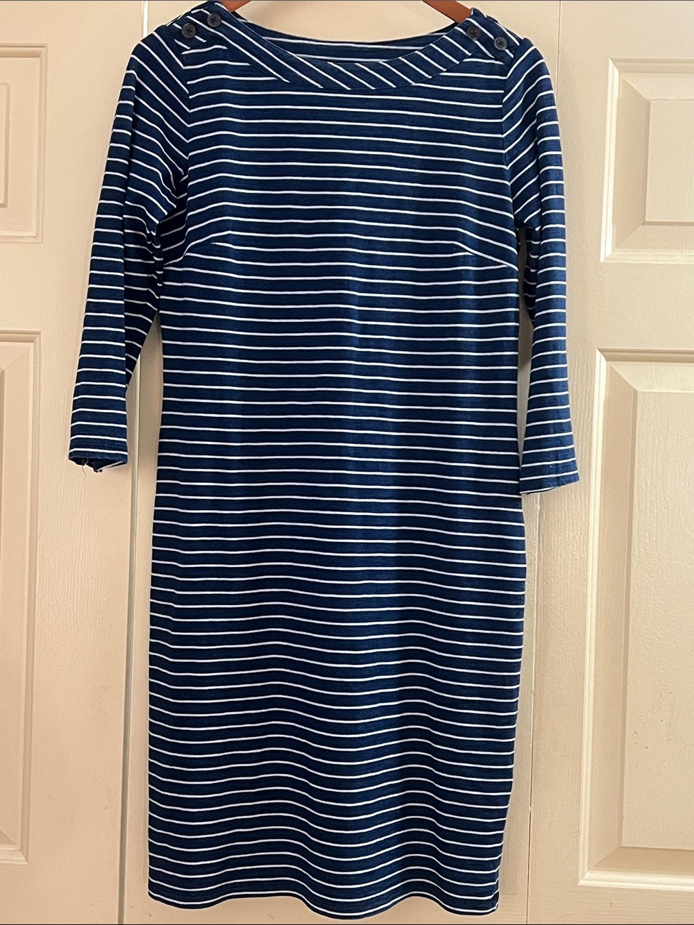 Talbots Navy and White Striped Boatneck Knee-Length 100% Cotton Dress Classic